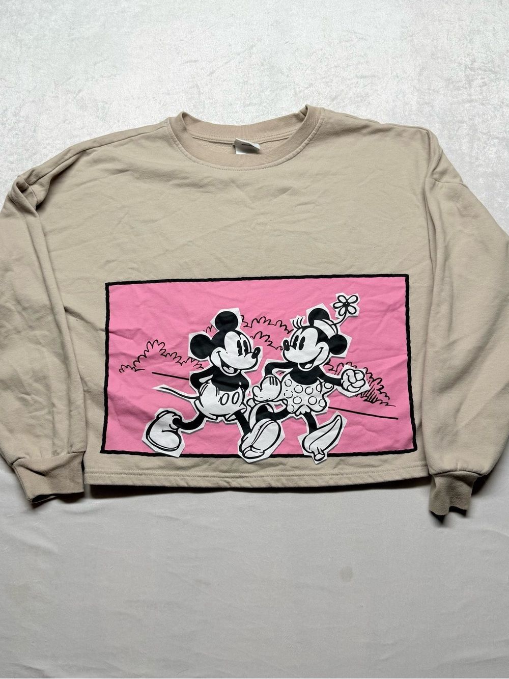 Cropped Disney Beige Sweatshirt with Pink Mickey & Minnie Panel